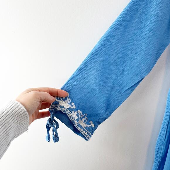 Rise and Bloom Embroidered Long Sleeve Tie Neck Maxi Dress Blue Medium - Picture 9 of 15